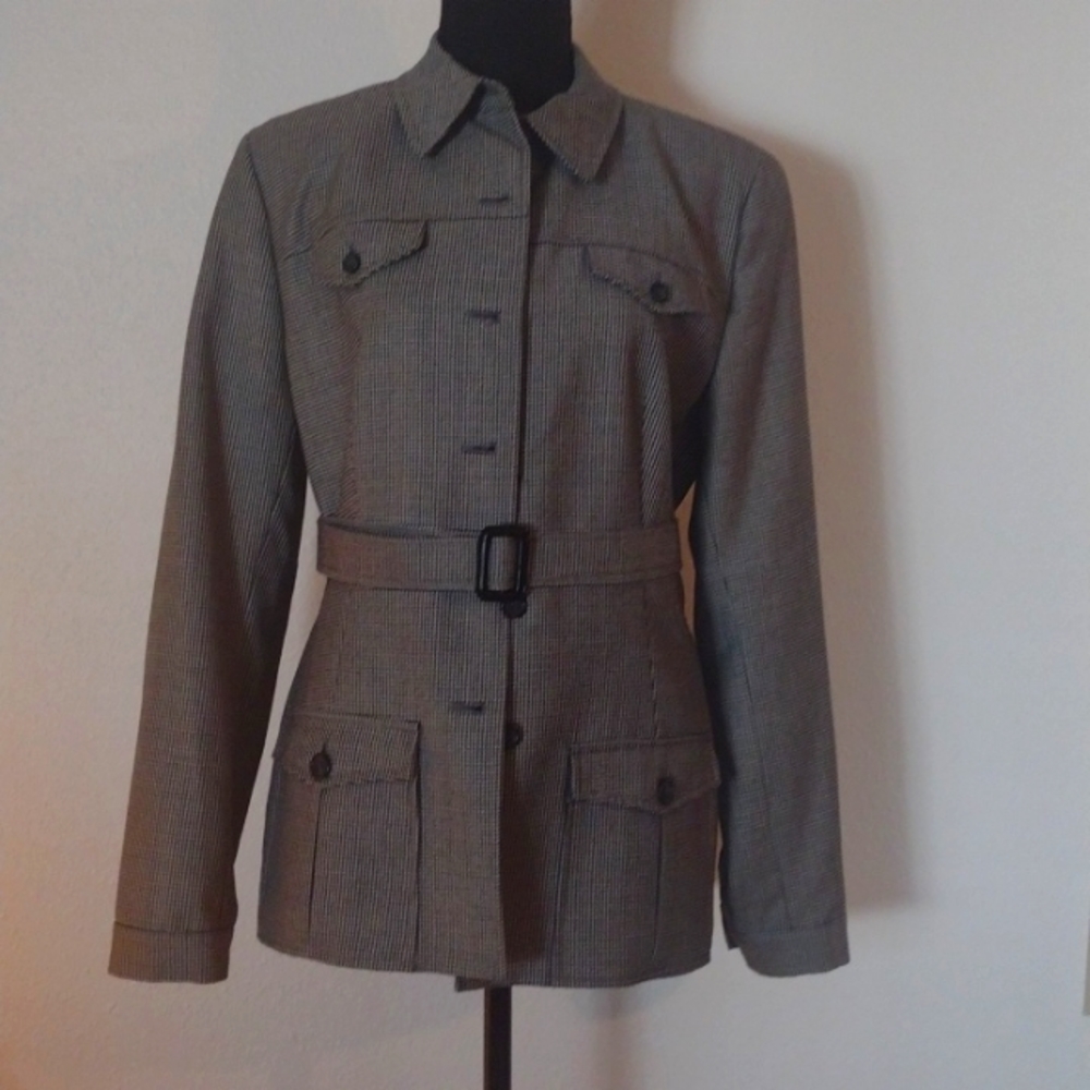 J. Crew, taylored business attire, military flair, size 12. Black & gray check.